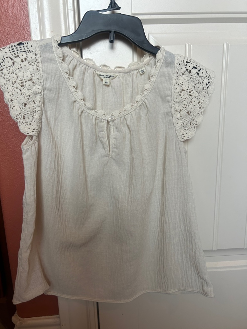 Max Studio Cream Crochet Cap-Sleeve Boho Top